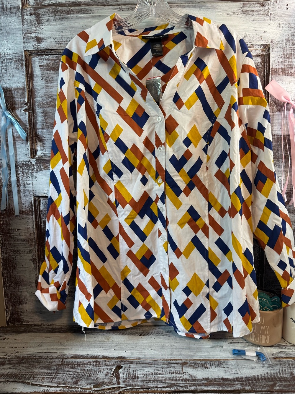 Ashley Stewart White Button-Down Shirt with Navy, Mustard & Rust Geometric Print - Picture 2 of 7